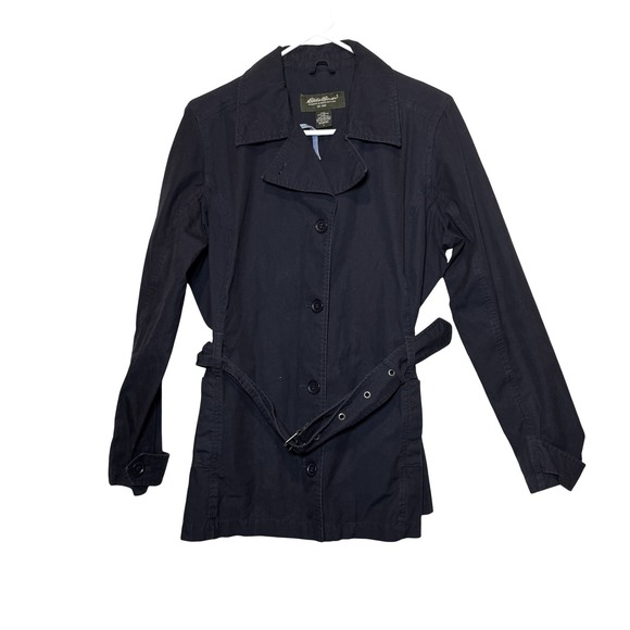 Eddie Bauer Womens Lightweight Trench Coat Jacket Button Belted Navy Blue Large - Picture 1 of 5